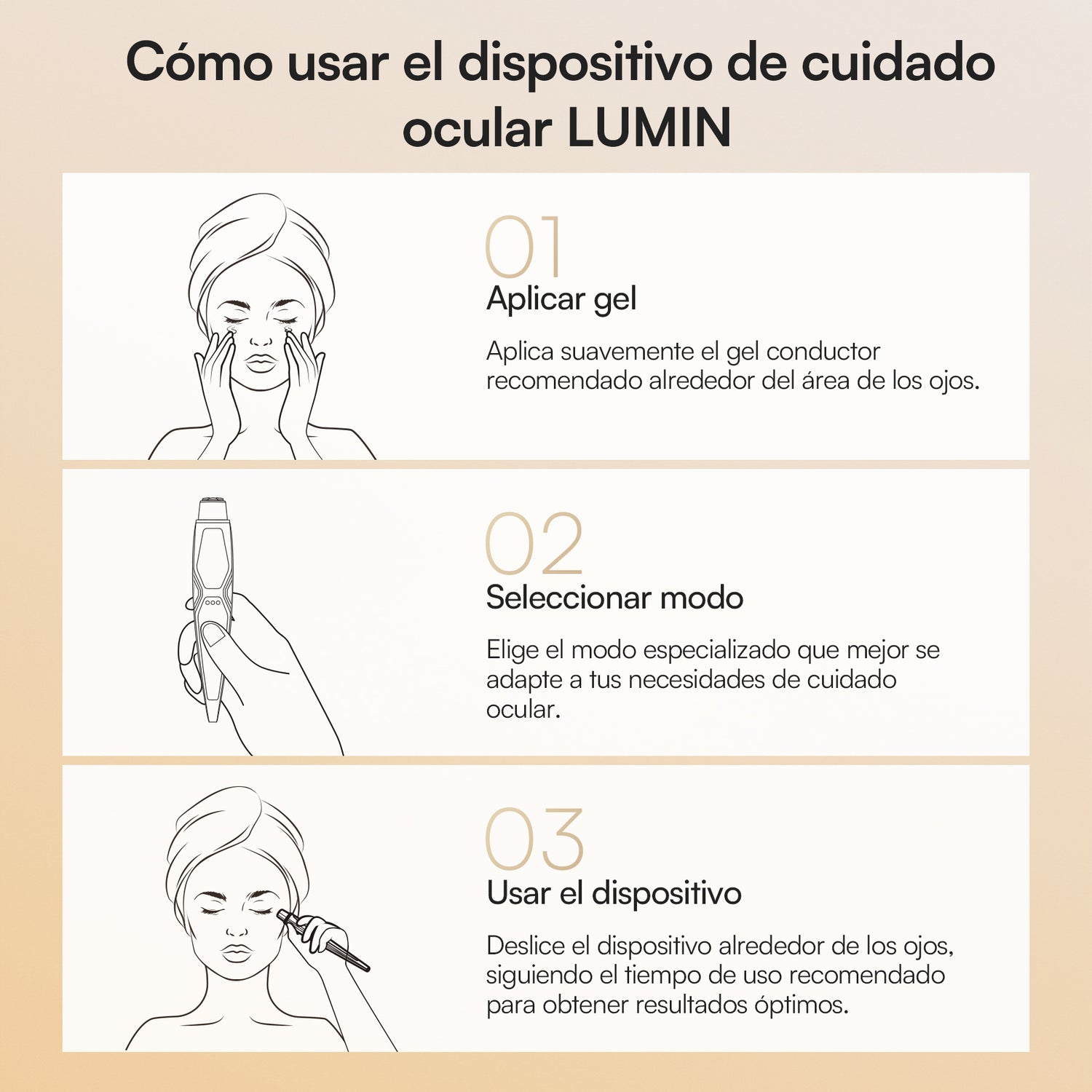 INIA LUMIN eye care: Step-by-step guide to applying gel, selecting mode, and using the device.