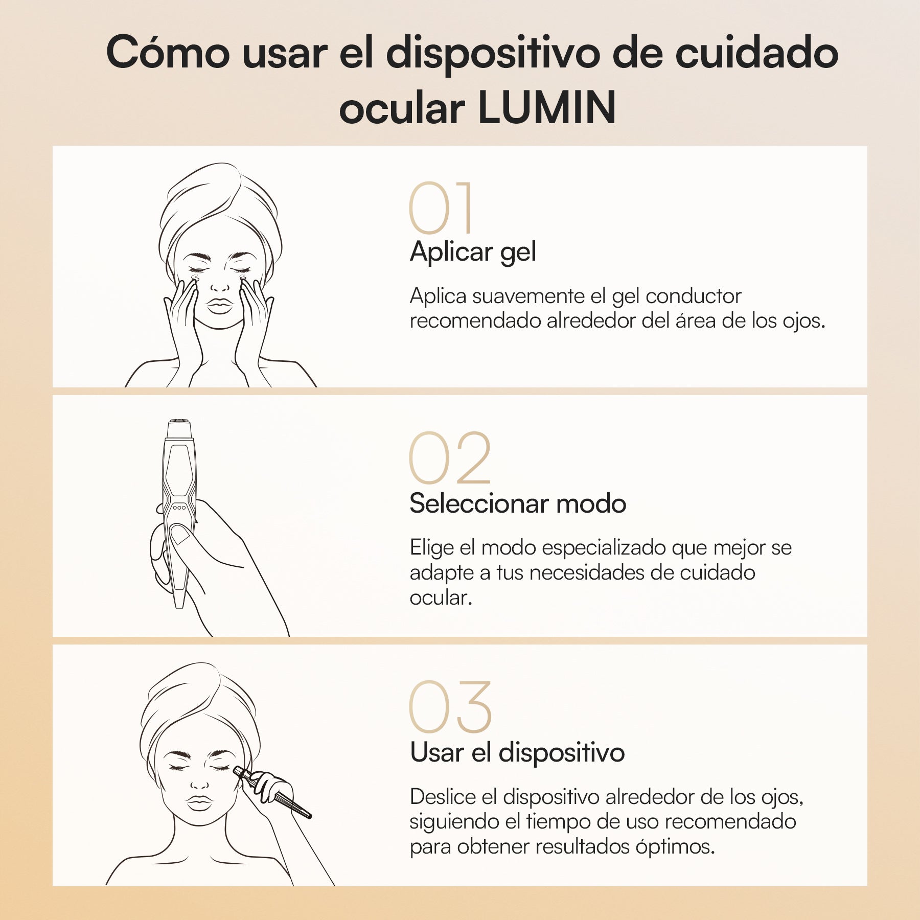 INIA LUMIN eye care: Step-by-step guide to applying gel, selecting mode, and using the device.