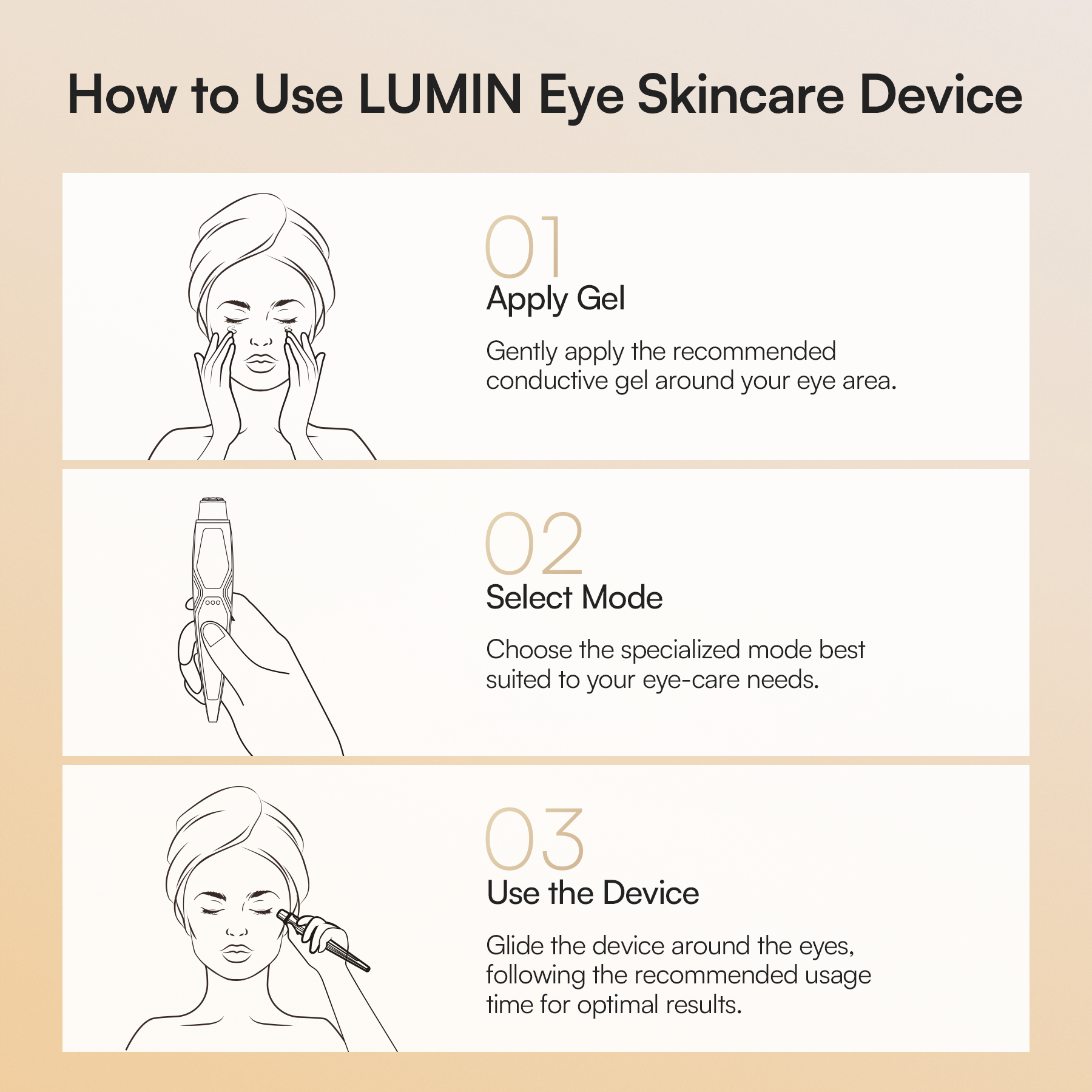 INIA LUMIN Eye Device usage guide: Apply gel, select mode, and use for effective anti-aging skincare