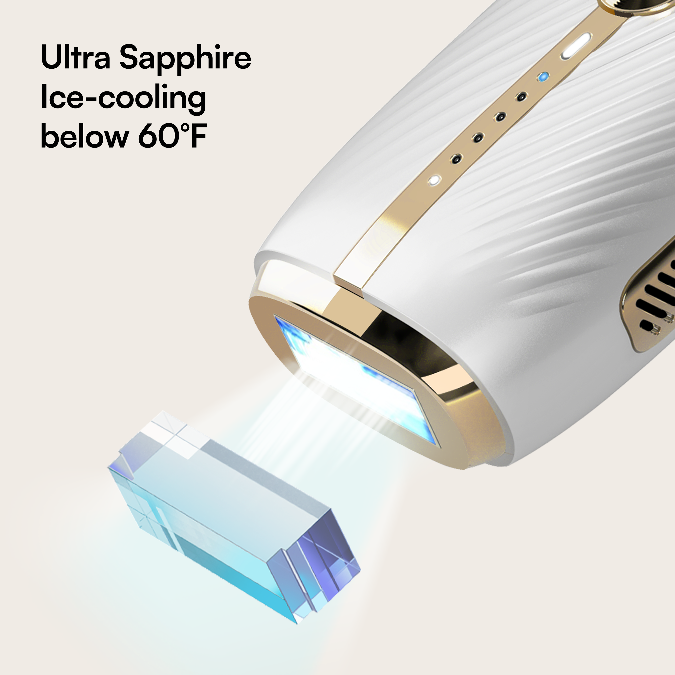 INIA IPL device with Ultra Sapphire Ice-cooling, white and gold design for at-home hair removal.