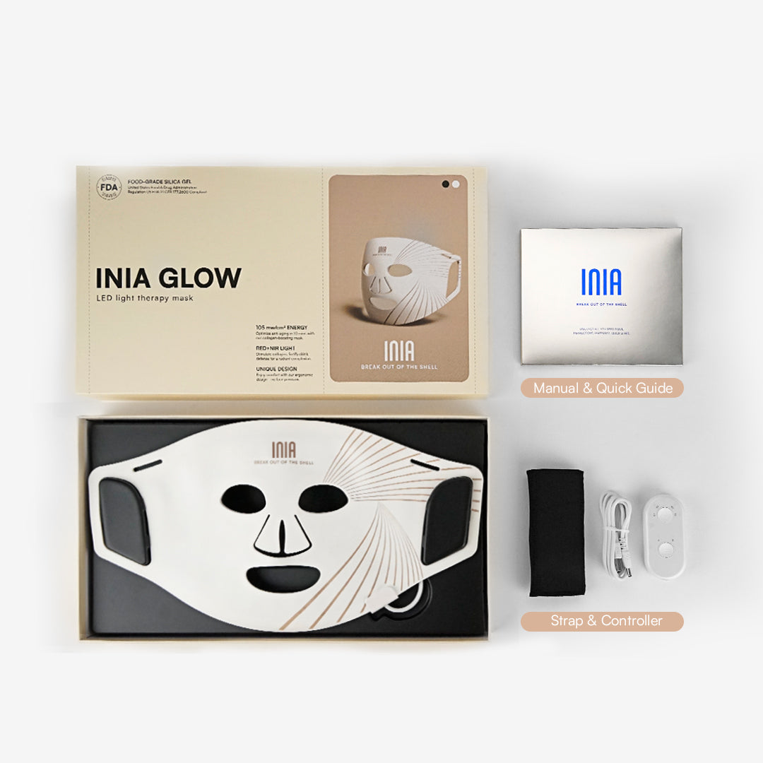 INIA GLOW red light therapy mask complete set: FDA-certified device for skincare and anti-aging.