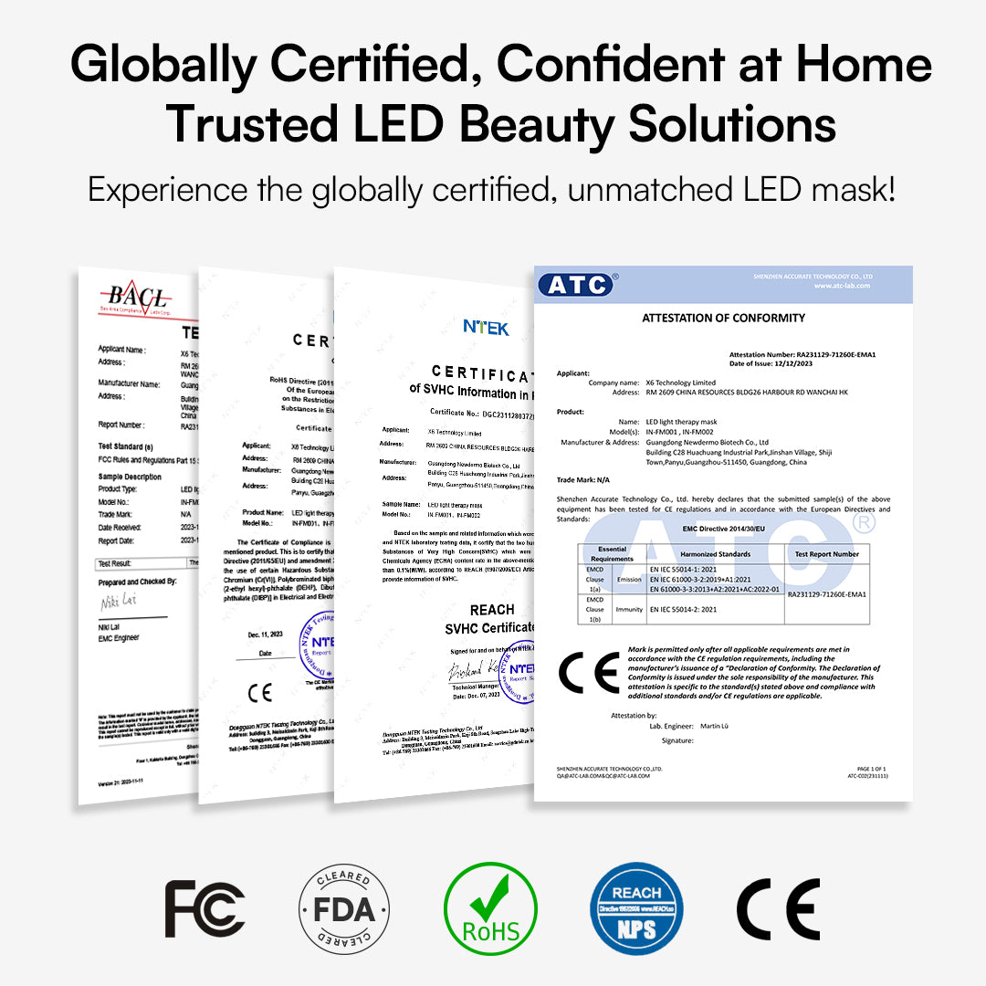 INIA GLOW mask certified: FDA, CE, RoHS, REACH. Safe, trusted LED beauty solutions.