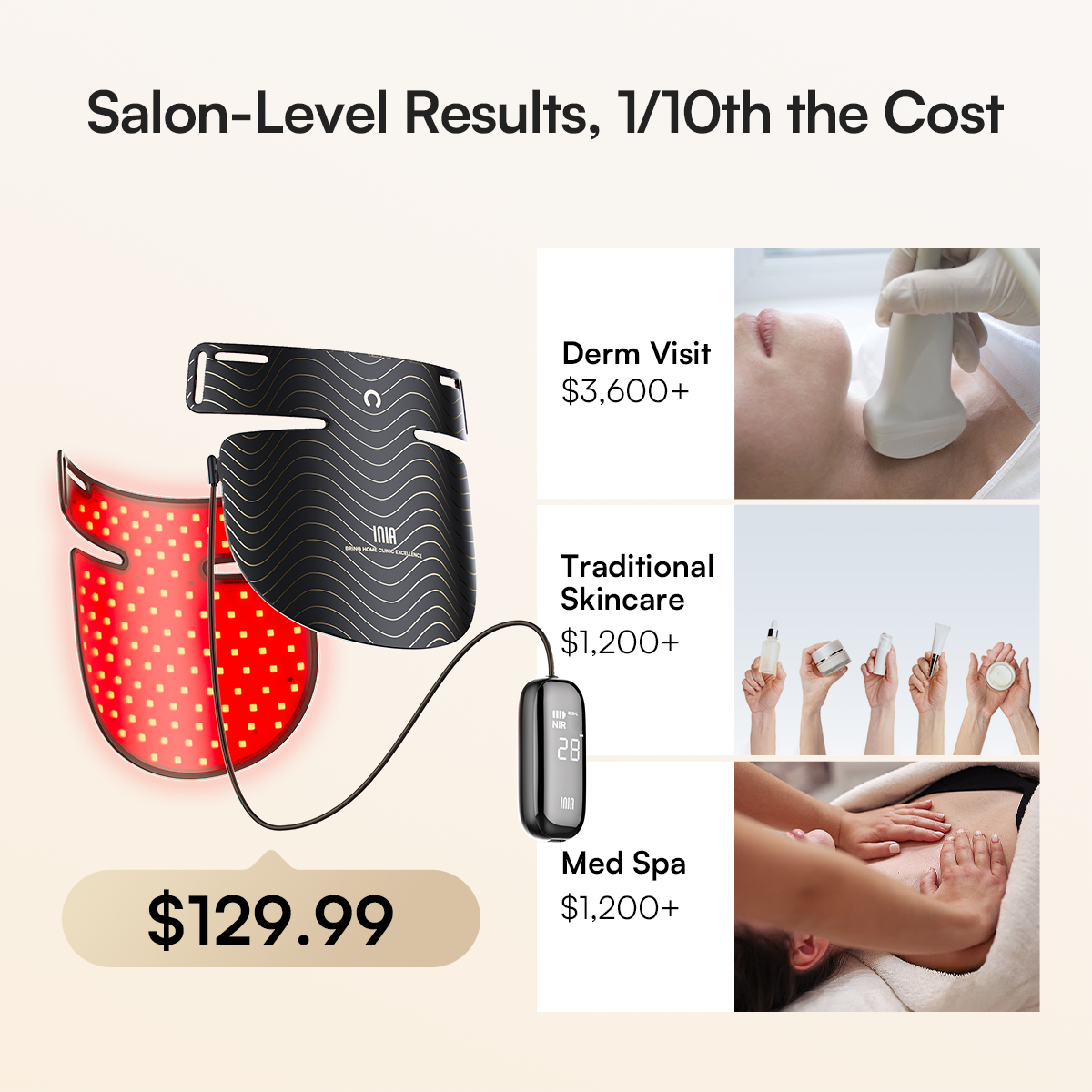 INIA GLOW red light therapy for neck and chest: Affordable salon-level results.