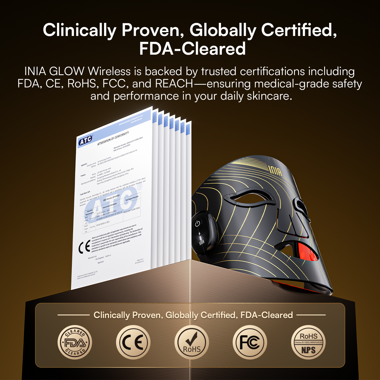INIA GLOW Wireless Red Light Therapy Mask certified FDA, CE, RoHS, and FCC. Clinically proven skincare.