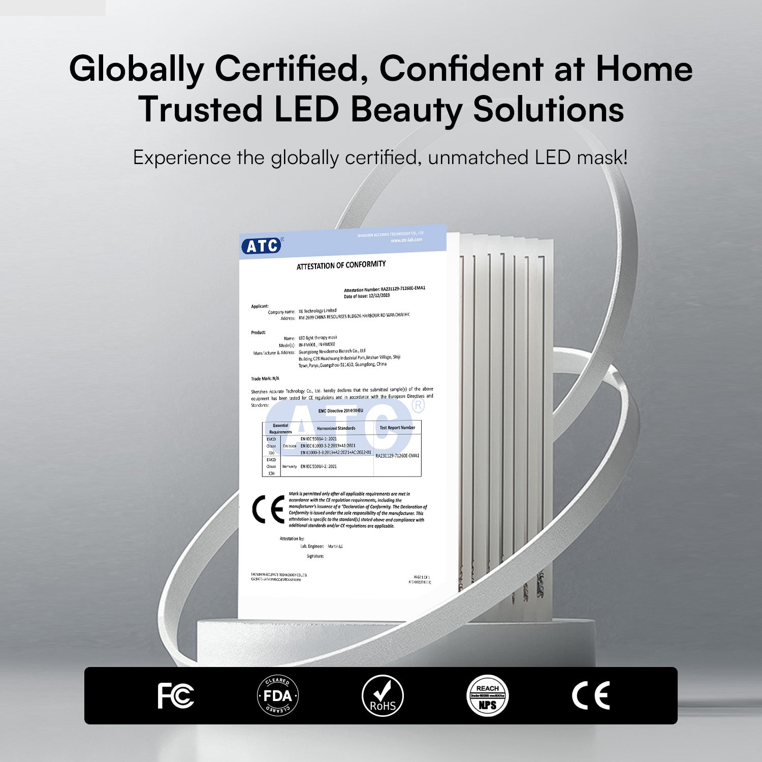 INIA GLOW LED mask certification with FDA, CE, and RoHS marks for safe, trusted beauty solutions.