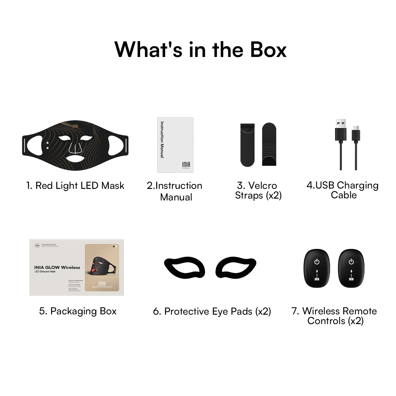 INIA GLOW Wireless Red Light Therapy Mask contents: mask, manual, USB cable, eye pads, and remotes