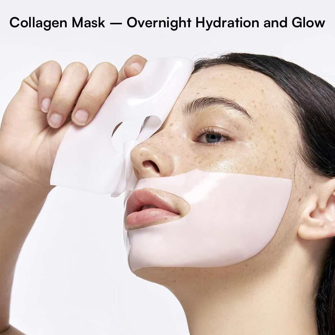 INIA Collagen Mask application demonstrating overnight hydration and glow benefits, skincare product