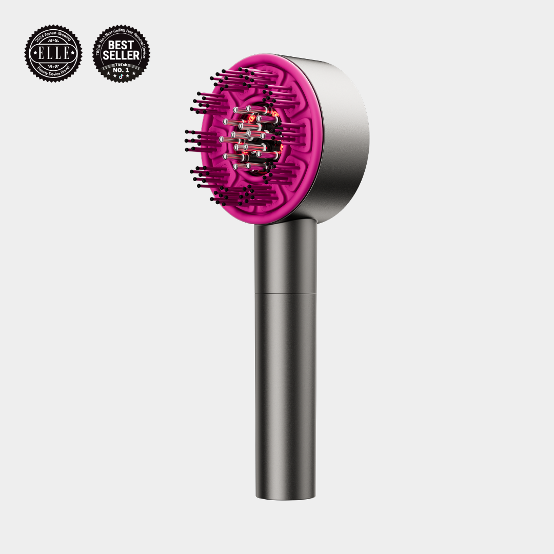 INIA VIBRA Scalp Therapy Device with pink bristles for hair removal, and skincare.