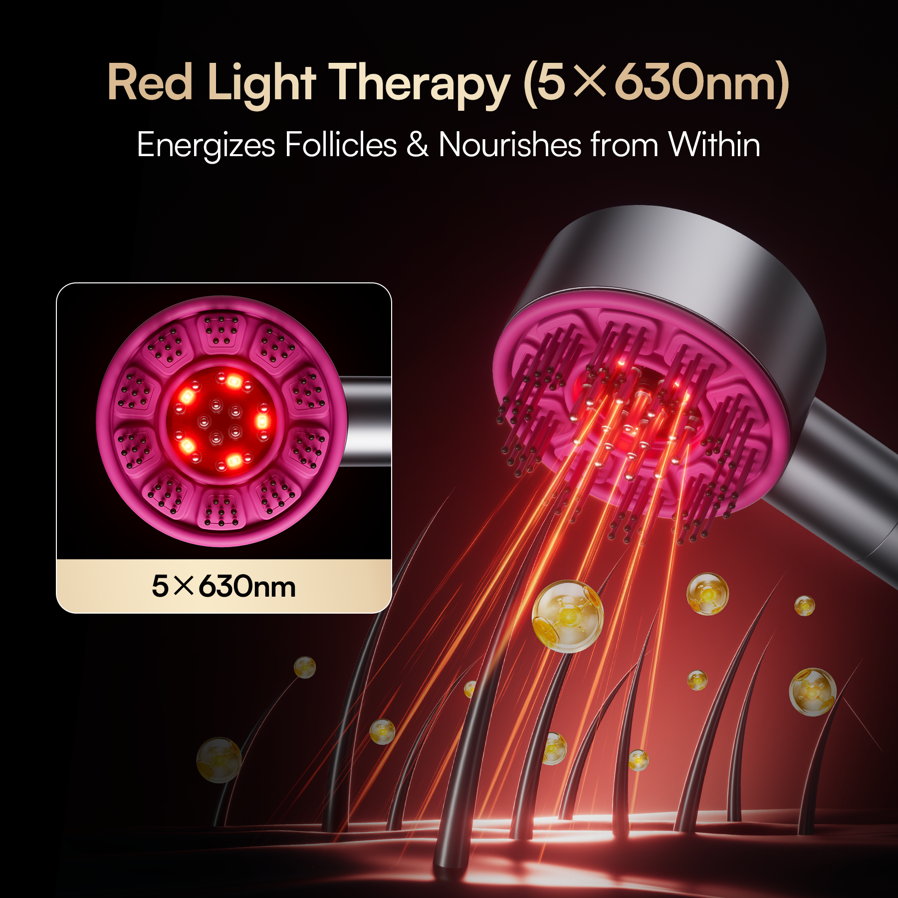 INIA VIBRA Scalp Therapy Device demonstrating red light hair treatment for follicle nourishment.