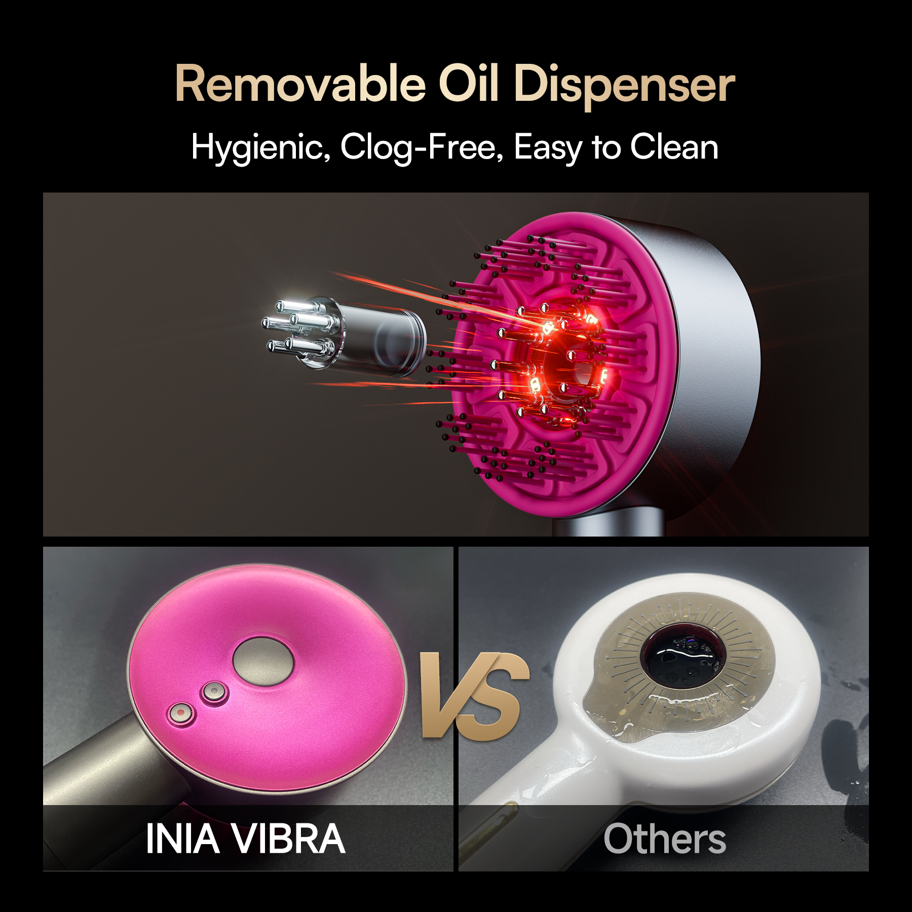 INIA VIBRA Scalp Therapy Device, oil dispenser, hygienic, clog-free, vs. competitor&