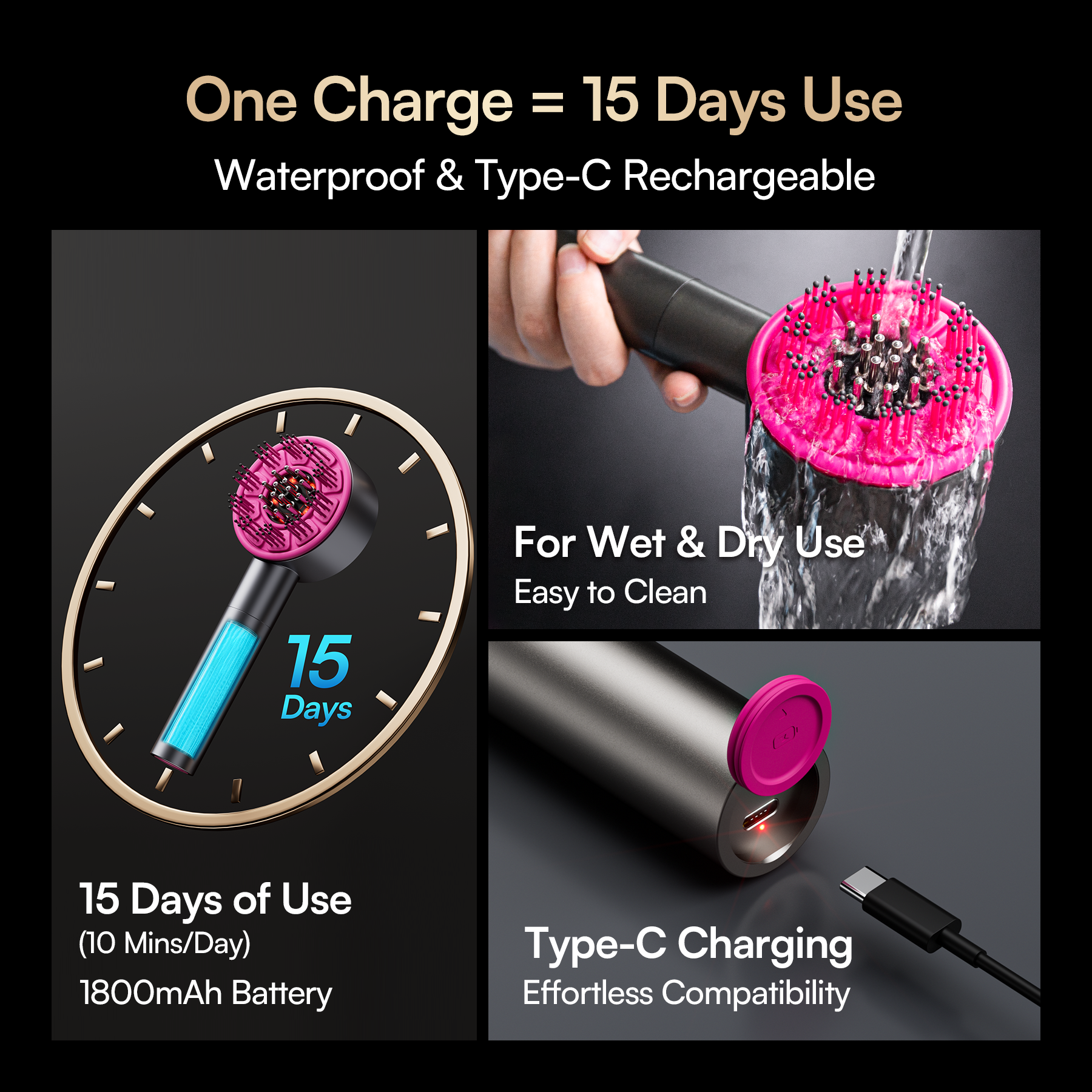 INIA VIBRA Scalp Therapy Device features: 15-day use, waterproof, Type-C charging, and ease of use