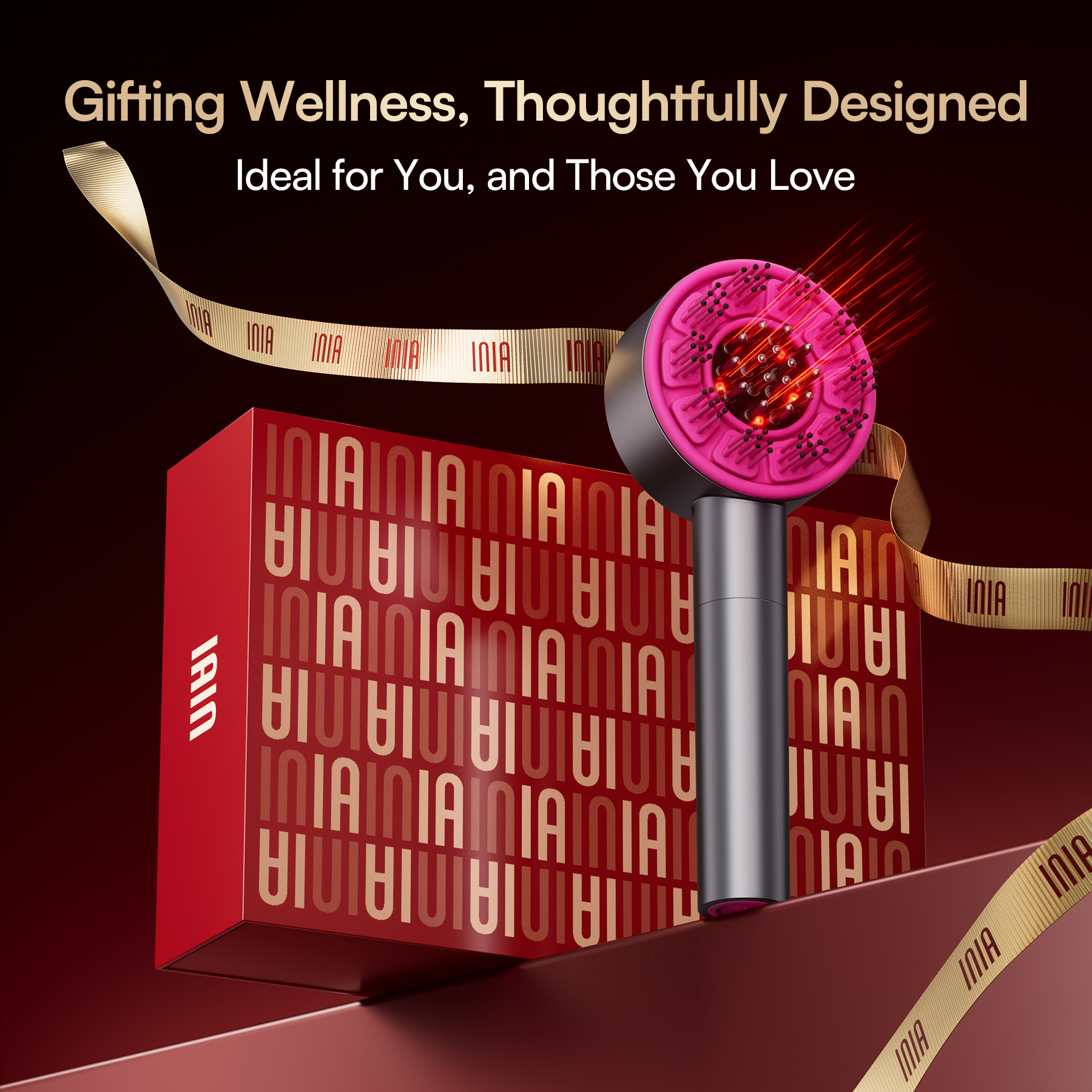 INIA VIBRA Scalp Therapy Device, red light for hair care, ideal wellness gift, boxed presentation