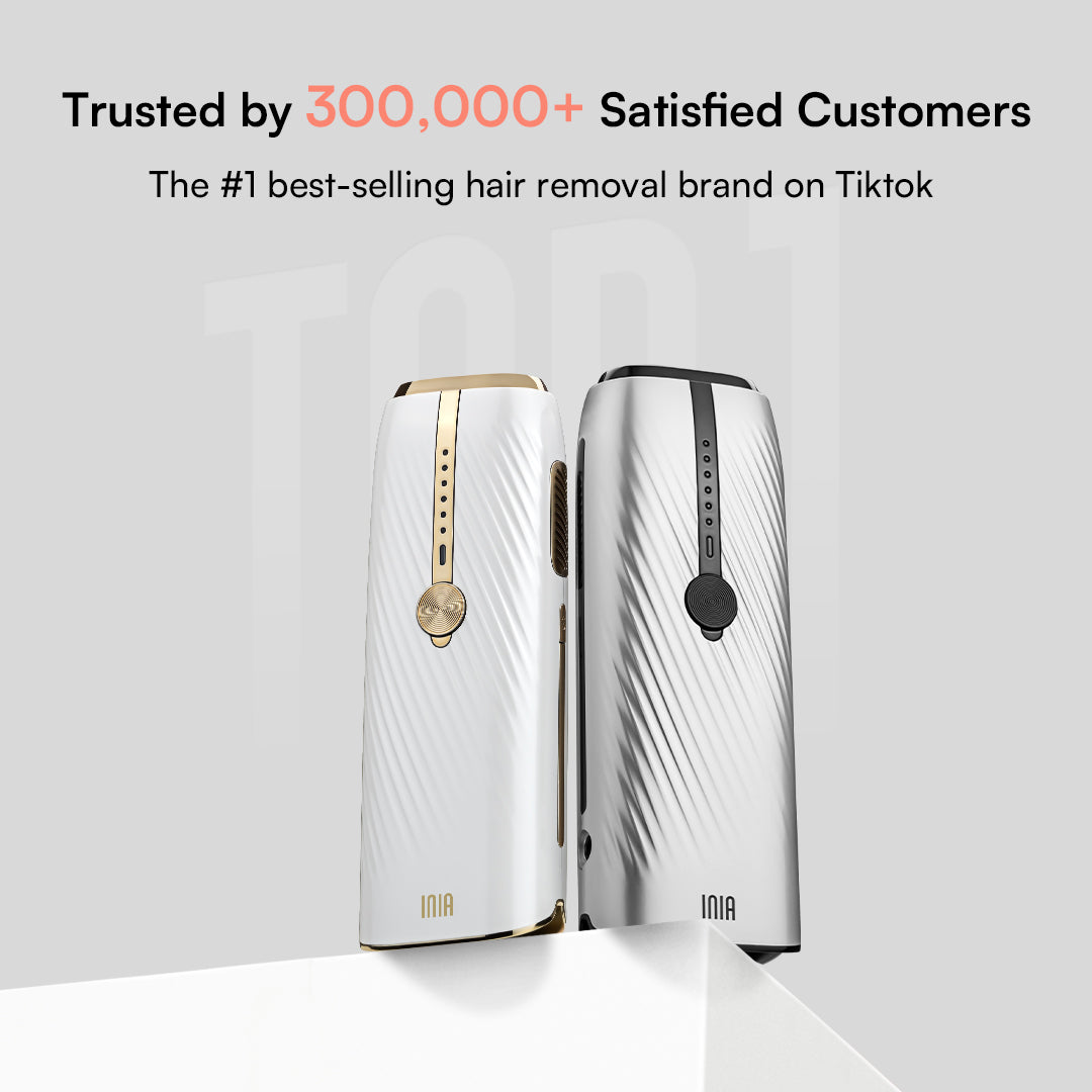 INIA IPL hair removal devices, best-selling brand, for at-home hair reduction. White and gold device