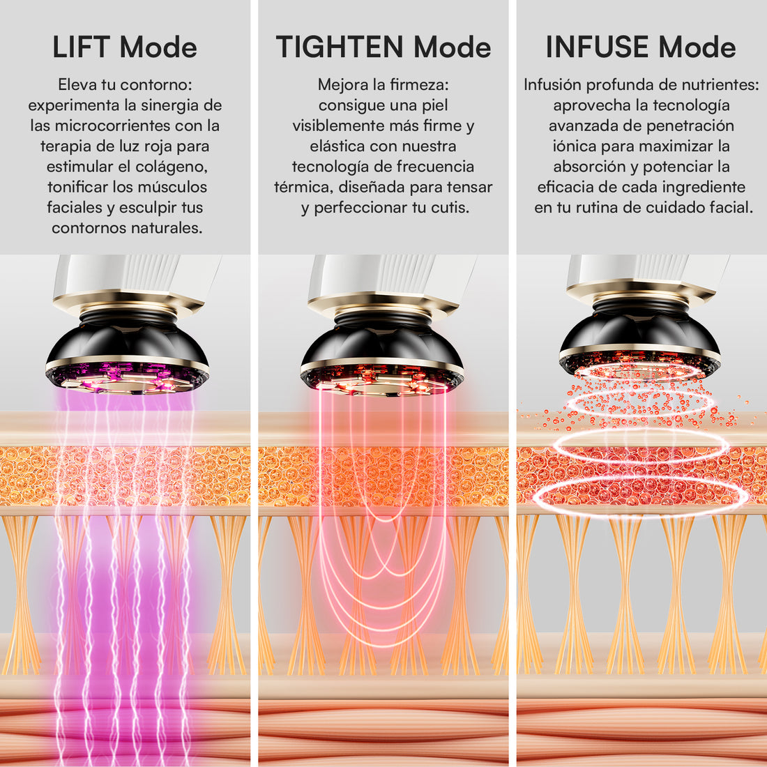 INIA FLARE microcurrent device: red light Lift, Tighten, Infuse modes for enhanced facial skincare.