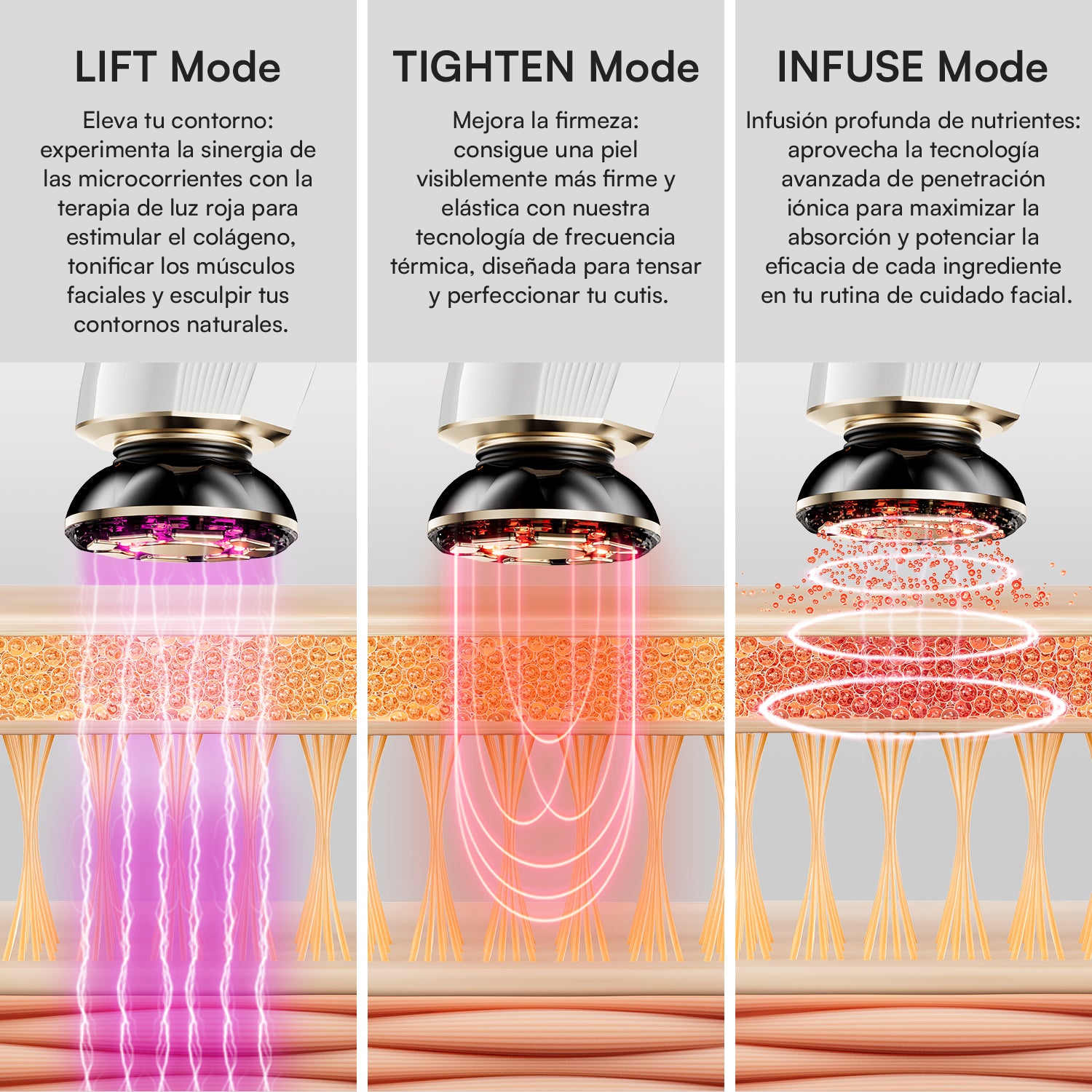 INIA FLARE microcurrent device: red light Lift, Tighten, Infuse modes for enhanced facial skincare.