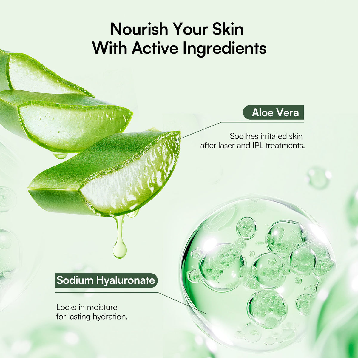 INIA Microcurrent Conductive Gel: Aloe Vera soothes, Sodium Hyaluronate hydrates skin.