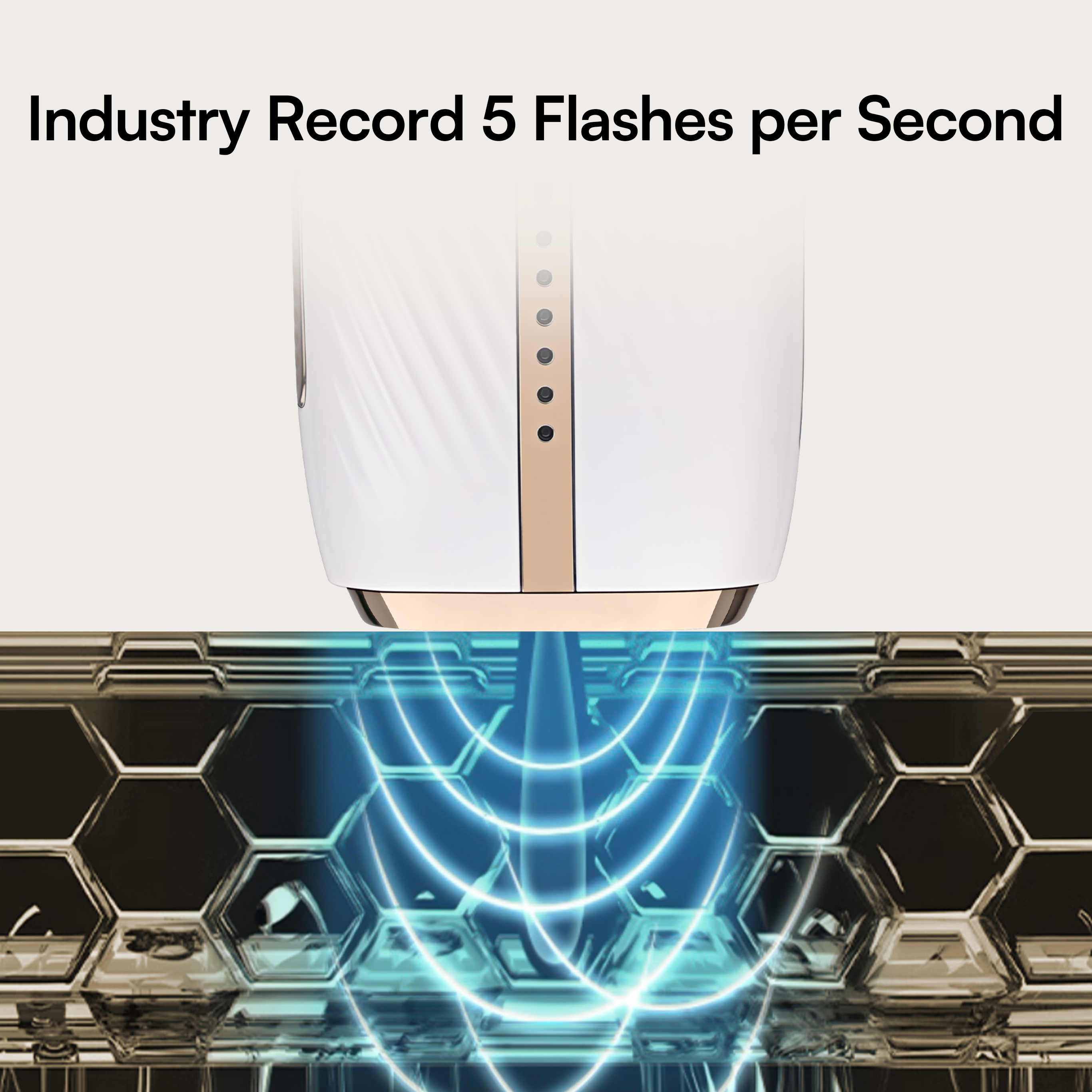 INIA IPL hair removal device with industry-leading 5 flashes per second, in white and gold design