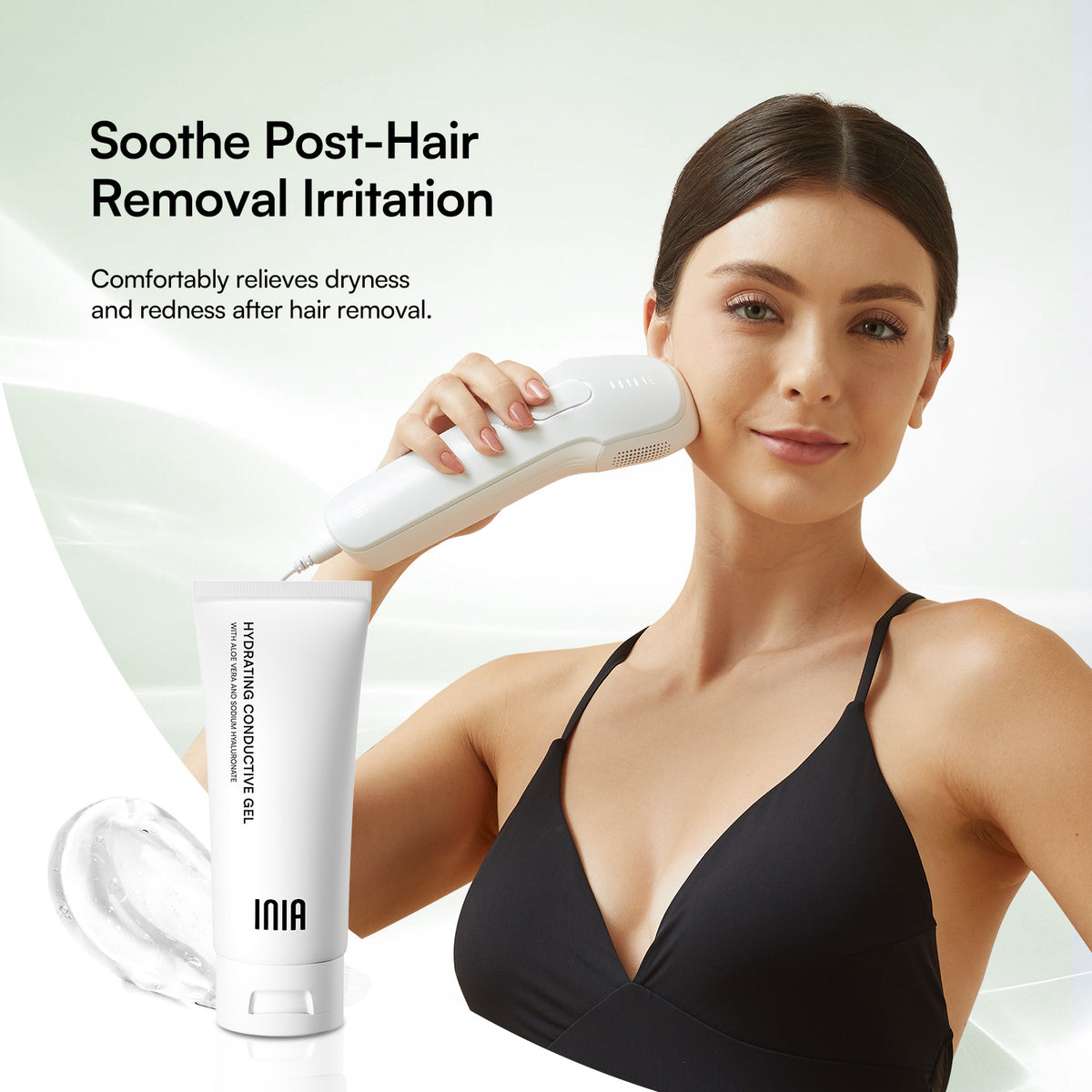INIA Conductive Gel, model using device after hair removal for hydration and skin soothing.