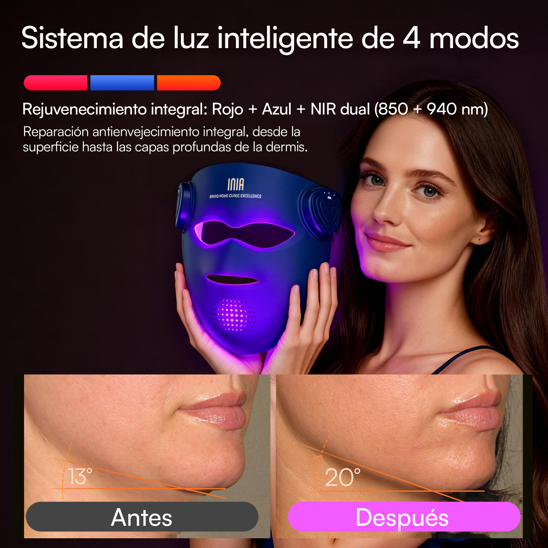 INIA GLOW 4D Máscara Led Inalámbrica de 940 nm con Doble Infrarrojo Cercano