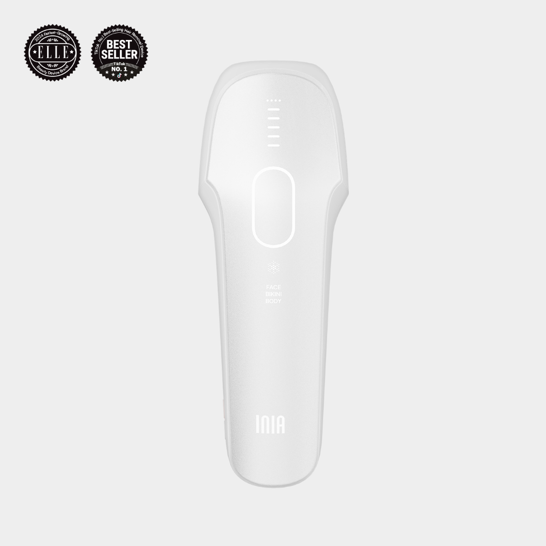 INIA HAUTE Pro hair removal device in white, with "Face, Bikini, Body" use, Best Seller product.