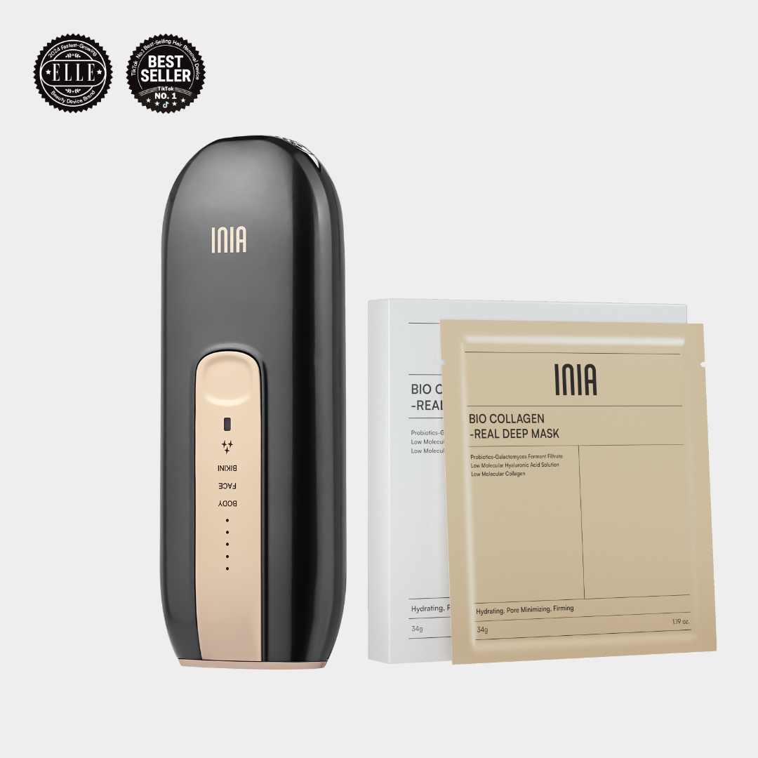 INIA IPL hair removal device, paired with collagen mask. Home hair removal and skincare.