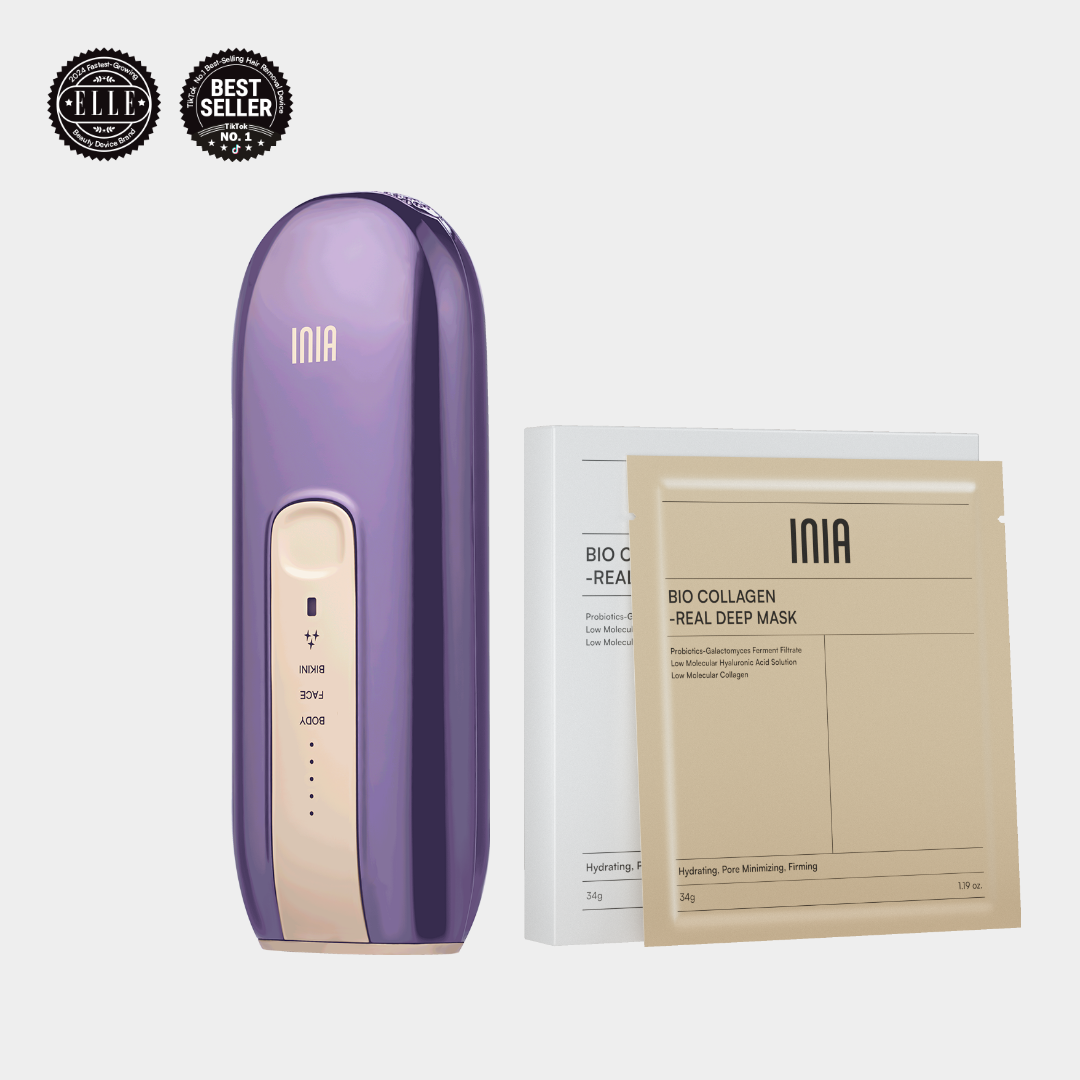 INIA IPL Hair Removal Device and Bio Collagen Mask. Effective hair removal solution with skincare.