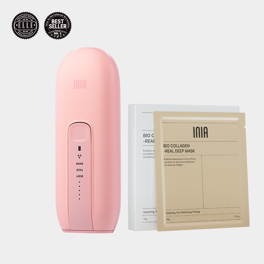 INIA IPL hair removal device and Bio Collagen Mask. Effective hair removal and skincare solution.