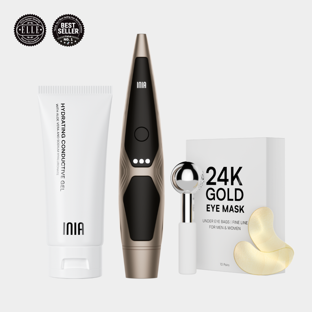 INIA LUMIN Skincare Device with conductive gel and 24K Gold Eye Mask, best-selling skincare.