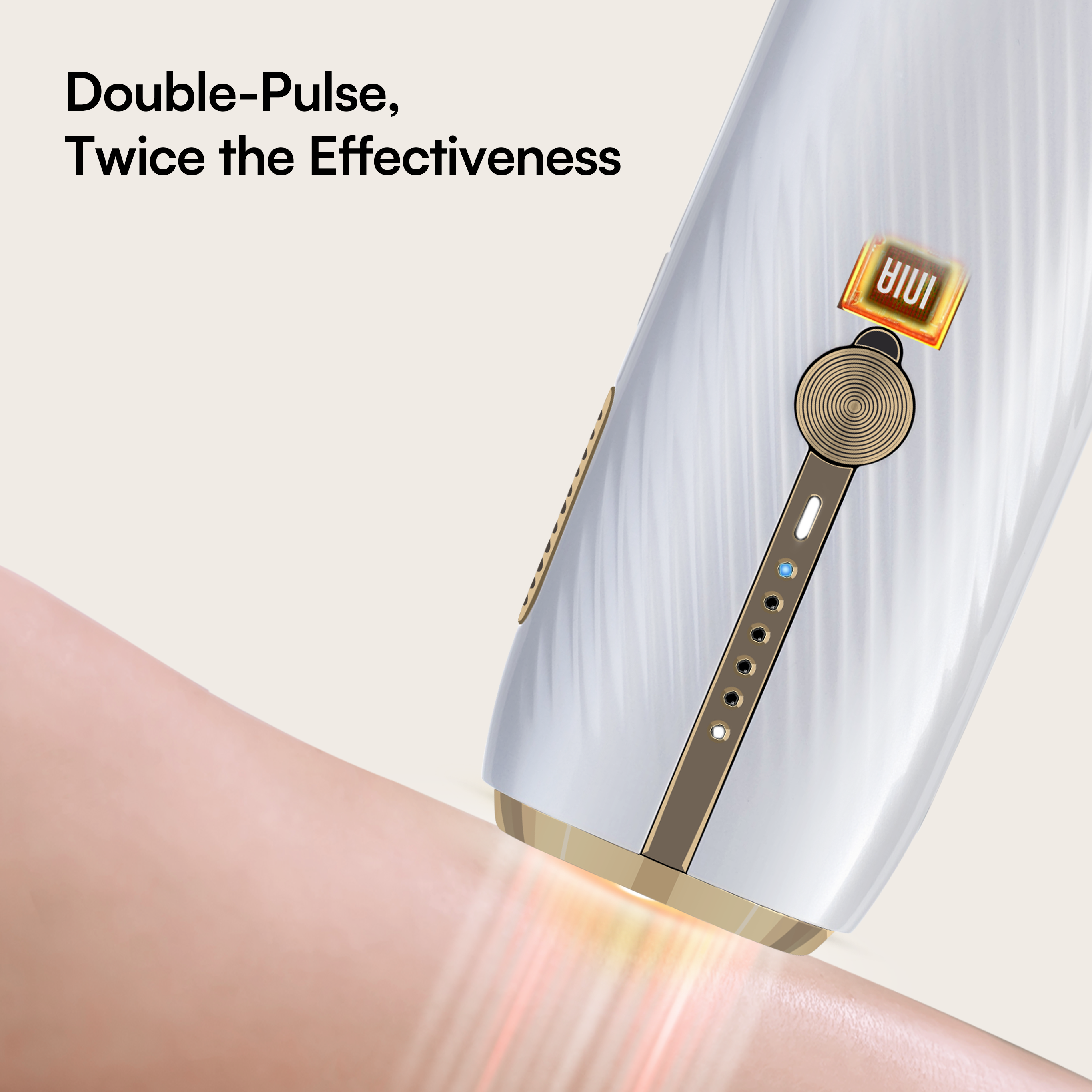 INIA IPL hair removal device in use. White and gold design, showing Double-Pulse technology.