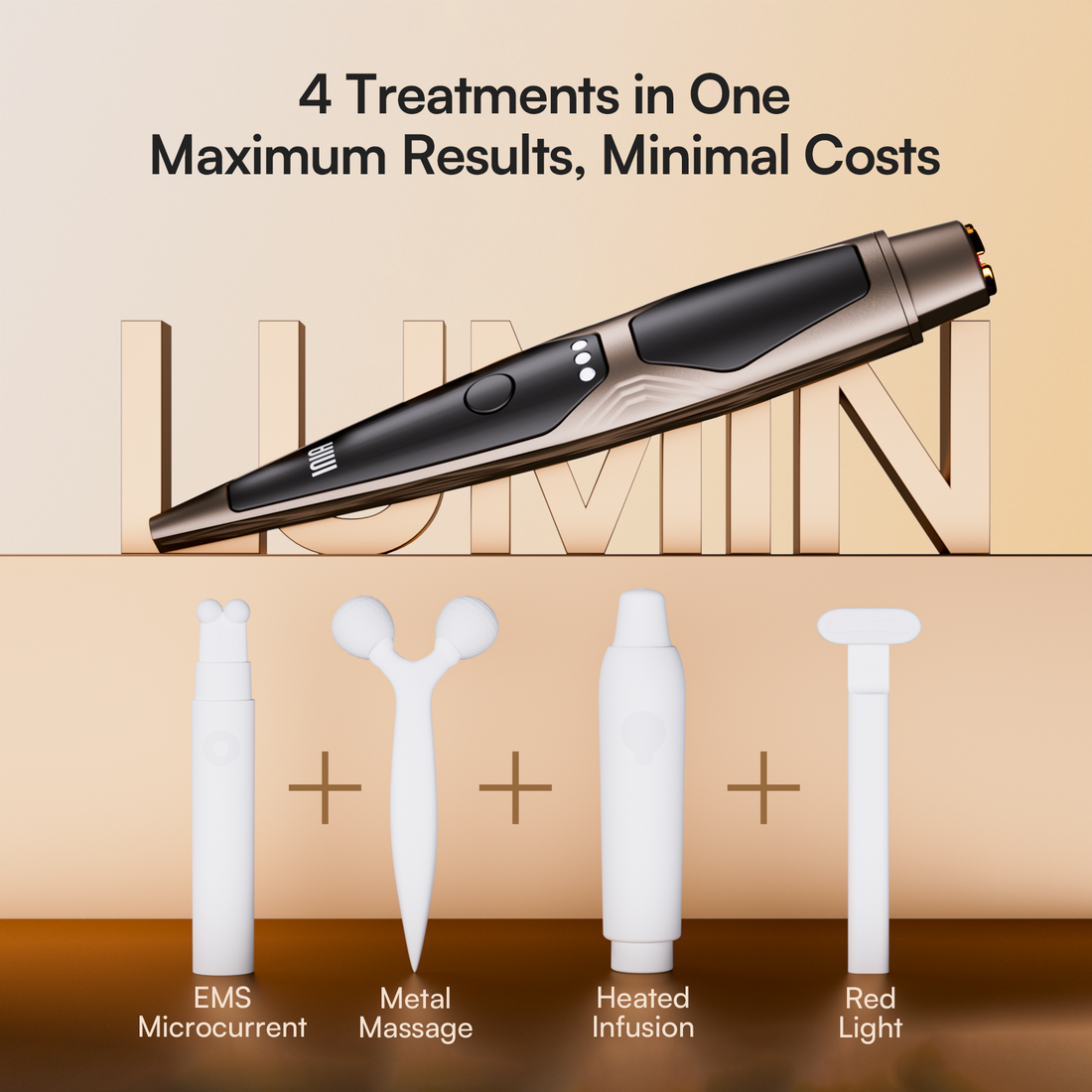 INIA LUMIN device featuring EMS, massage, infusion, and red light treatments for effective skincare