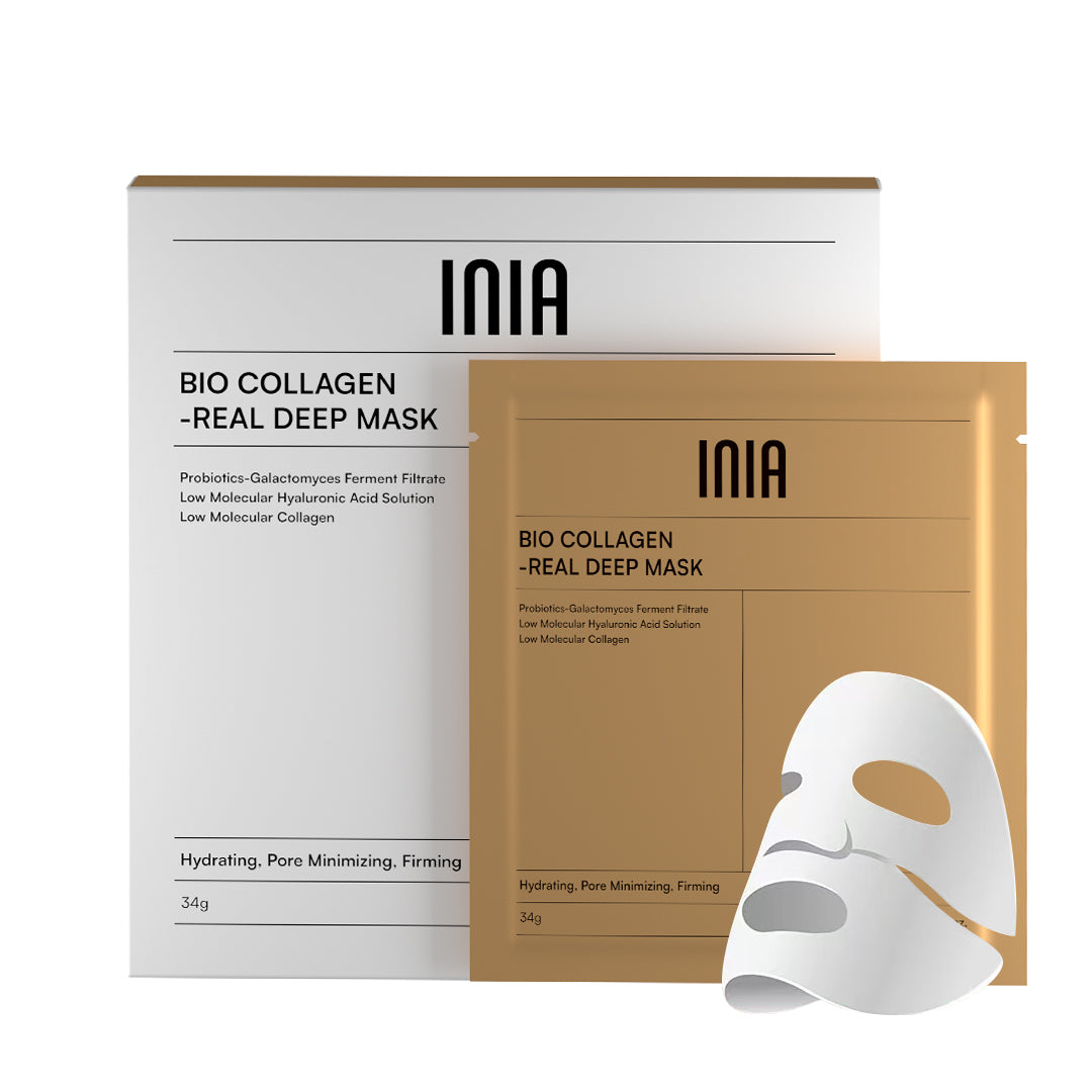 INIA Bio Collagen Real Deep Mask packaging, for hydrating, pore minimizing and firming facial care