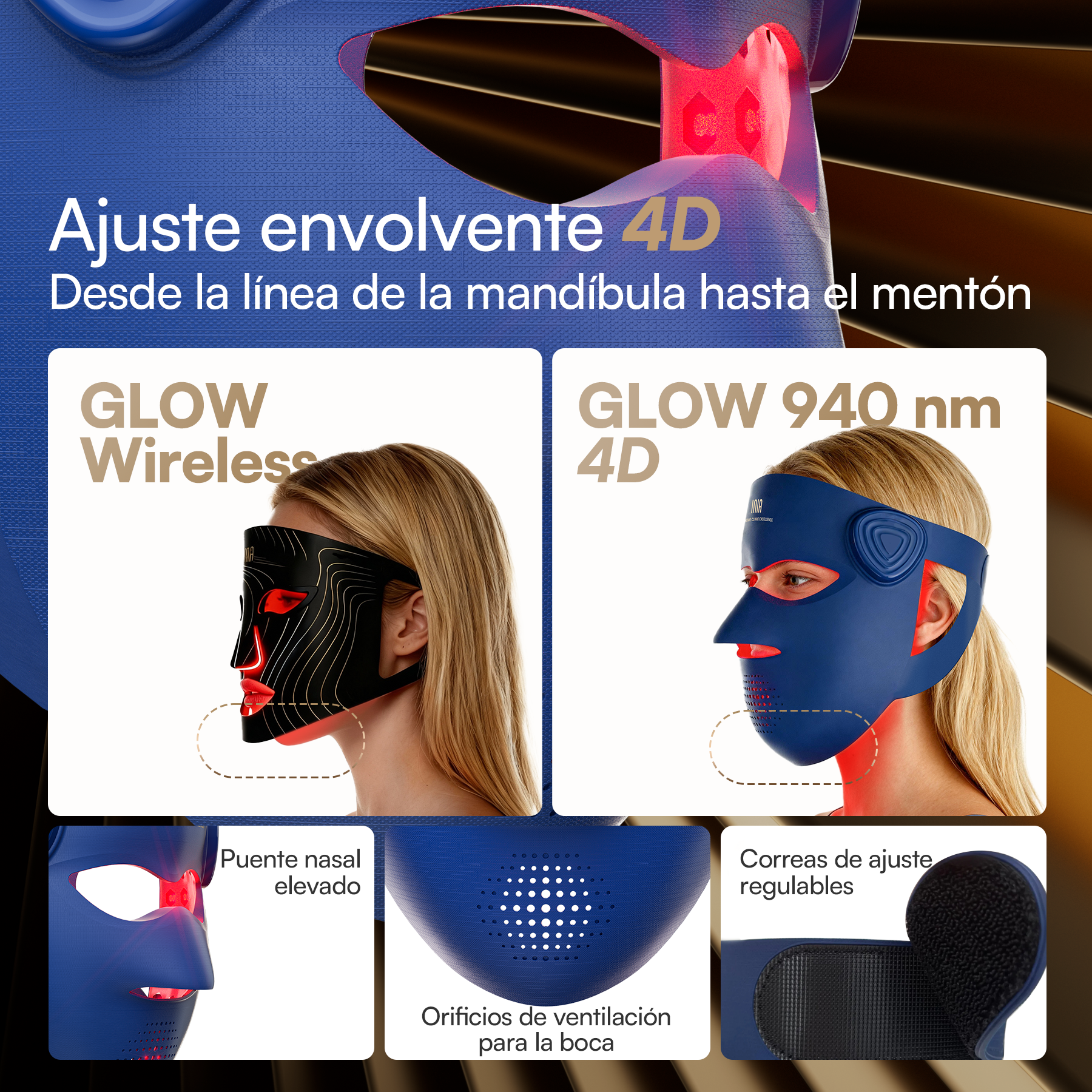 INIA GLOW 4D Máscara Led Inalámbrica de 940 nm con Doble Infrarrojo Cercano